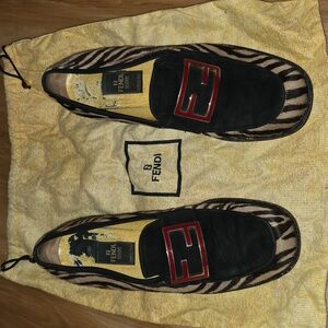 Fendi Rare Vintage Zebra Print Loafers with Red/Gold FF Buckle – Size 9.5 US